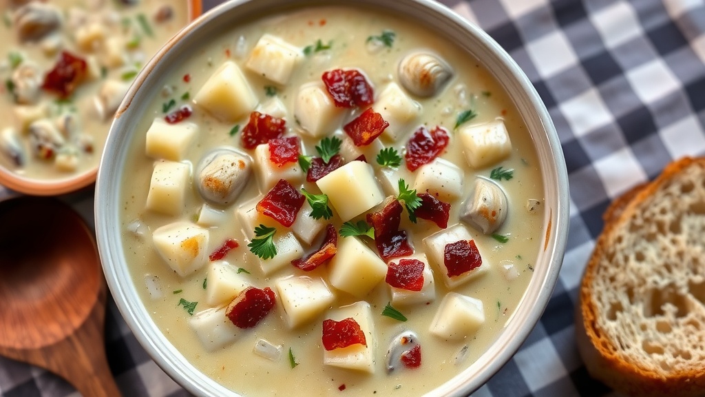 Classic New England Clam Chowder Recipe A bowl of creamy New England clam chowder with clams, potatoes, bacon, and parsley, on a rustic table with bread.